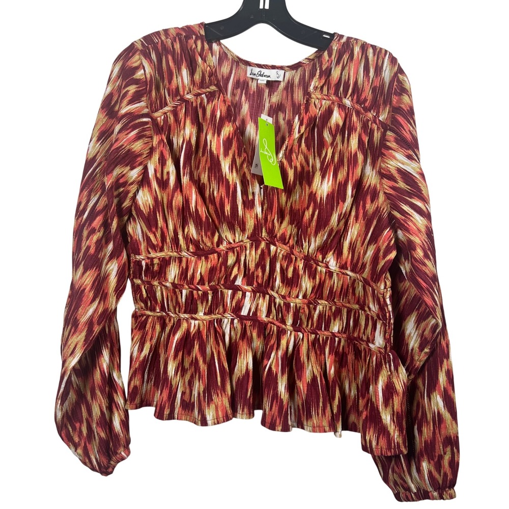 NWT Sam Edelman Evie Windsor Wine Ikat Print Smocked Peplum Top XL Boho Chic